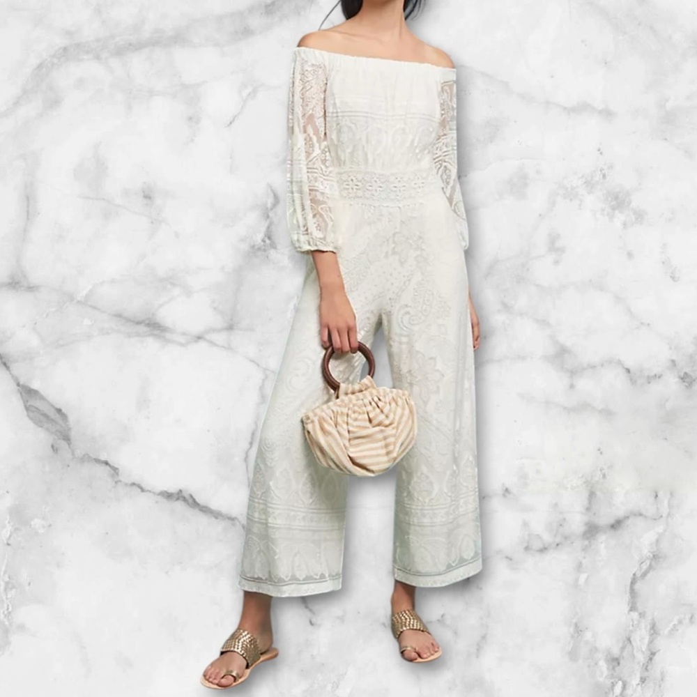 🤍 Farm Rio x Anthropologie | Lace Off-Shoulder Jumpsuit | Ivory | Size M - Picture 11 of 11